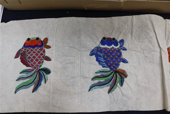 A collection of Chinese embroidered silk panels and appliques